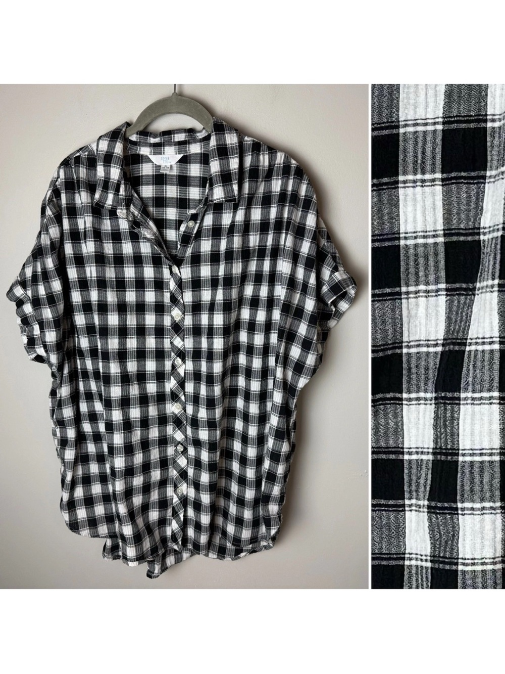 Time and Tru Shirt Size XL Top Plaid Button Front Black White Oversized Relaxed